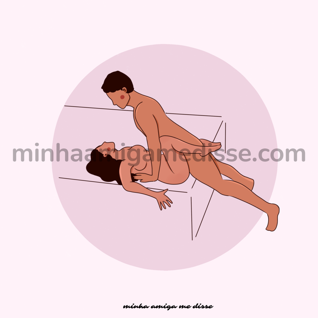 Ilustração da posição sexual Ascensão, a mulher está deitada com a bunda na beirada da cama e as pernas inclinadas, enquanto o homem está fora da cama, reclinado sobre a mulher, com os braços esticados e apoaidos na cama. O site minhaamigamedisse.com é destacado no meio da imagem.