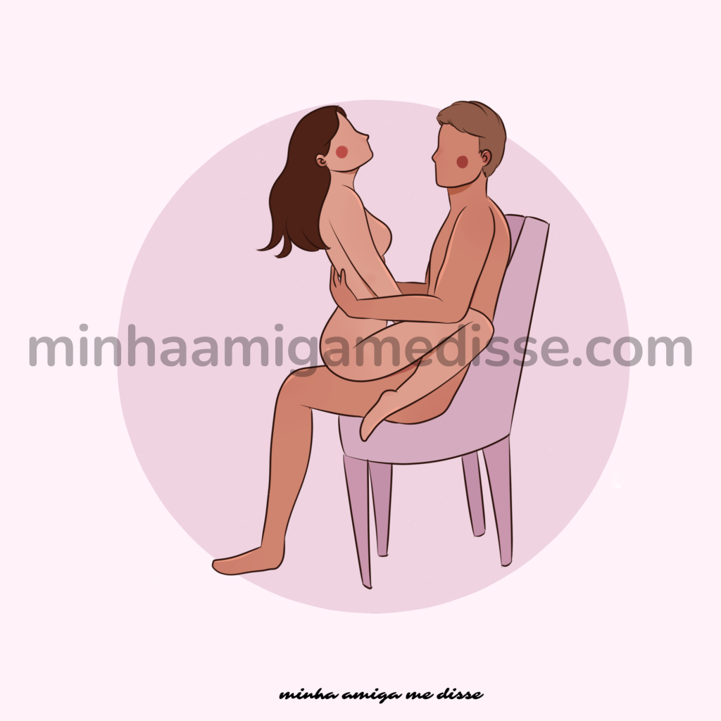 Ilustração da posição sexual Sala de Espera, o homem está sentado na cadeira e mulher está sentado nele, cara a cara. O site minhaamigamedisse.com é destacado no meio da imagem.