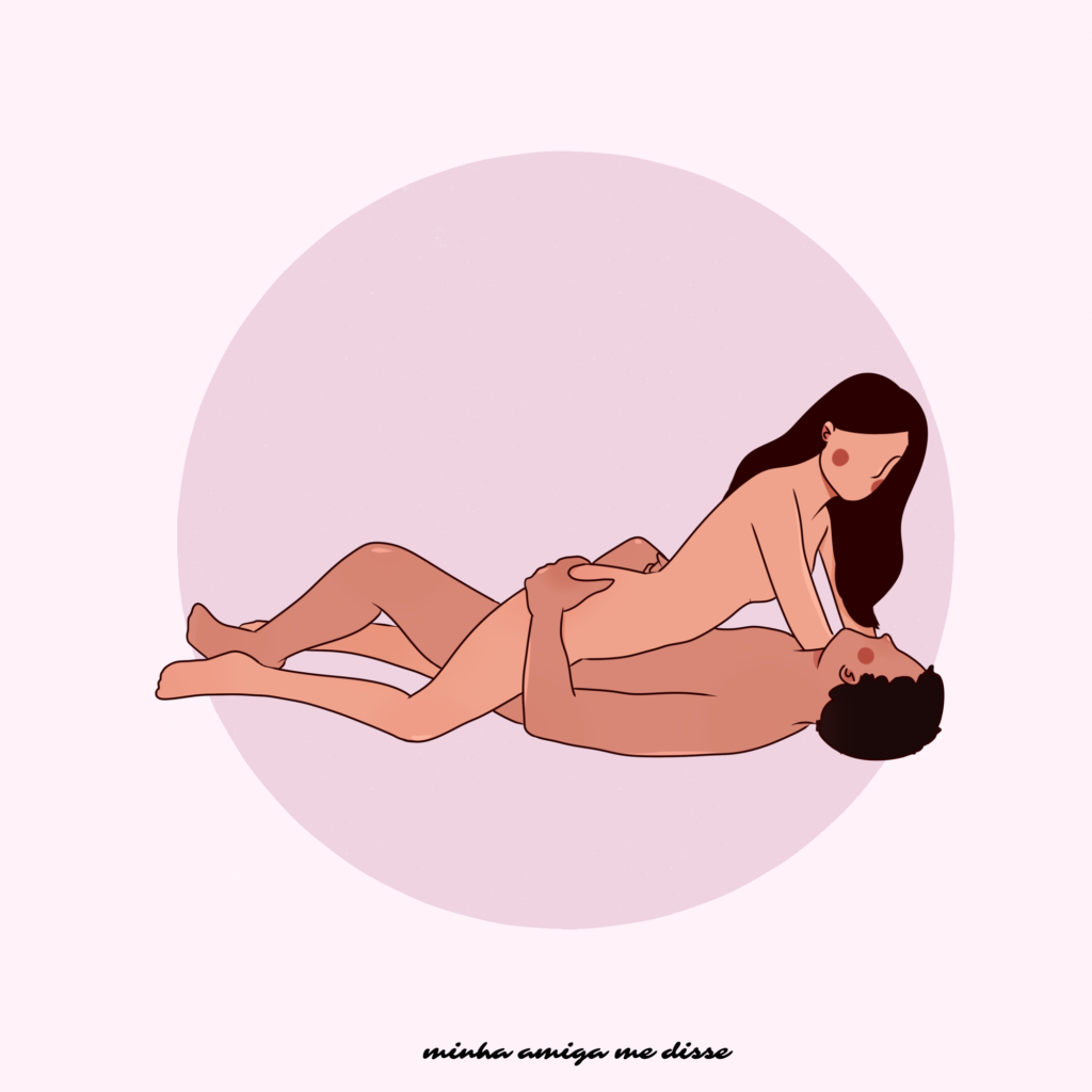 Na imagem temos a posição rebola, onde  a pessoa está por cima com os braços apoiados na cama, enquanto a pessoa que penetra está por baixo com a mão no quadril da outra pessoa ajudando com o movimento.