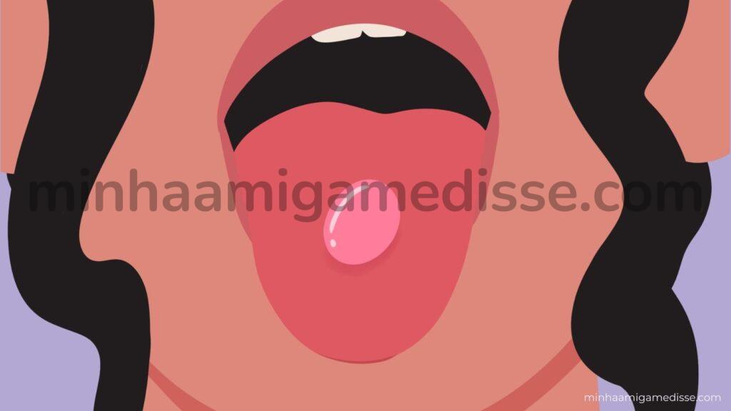 uma pessoa com um comprimido rosa na boca representando um viagra feminino